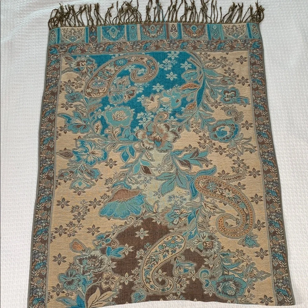 Teal, tan, and brown pashmina shawl/ scarf